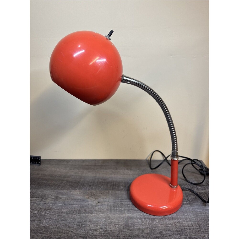 Vtg Orange/Red Eyeball Gooseneck Desk Lamp Mid Century Modern MCM Orb Space Age